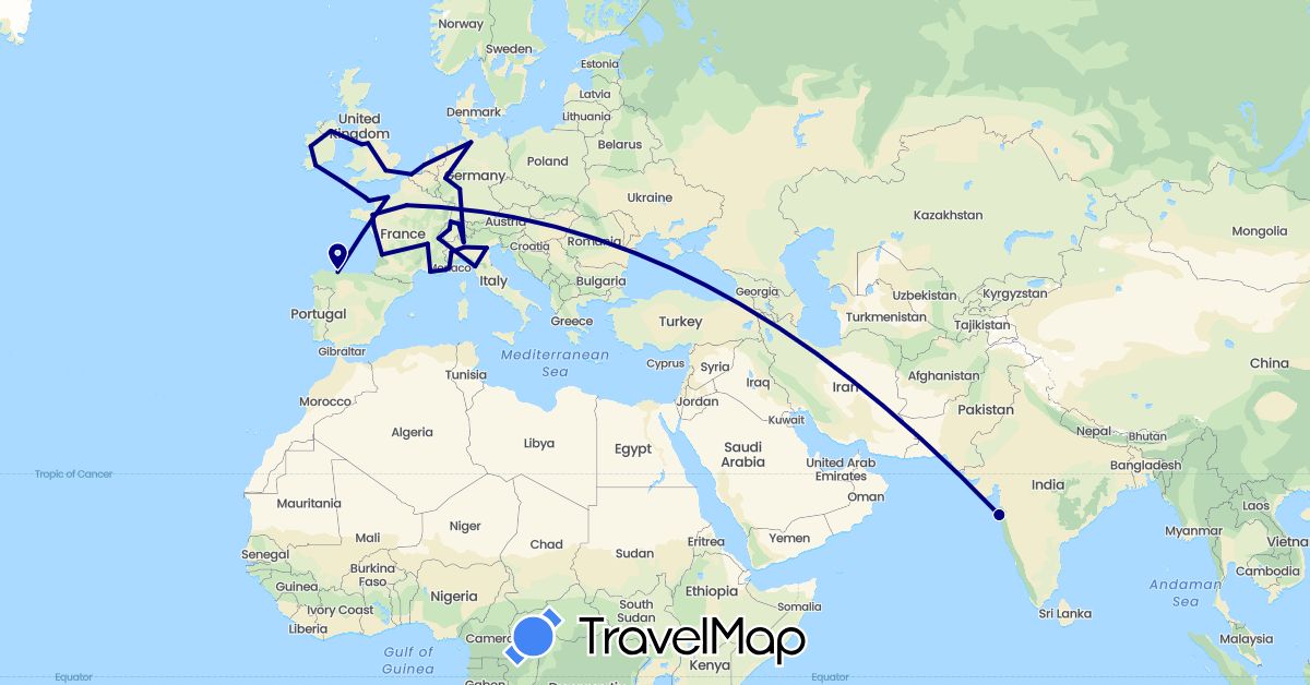 TravelMap itinerary: driving in Belgium, Switzerland, Germany, Spain, France, United Kingdom, Guernsey, Ireland, India, Italy, Jersey, Monaco, Netherlands (Asia, Europe)